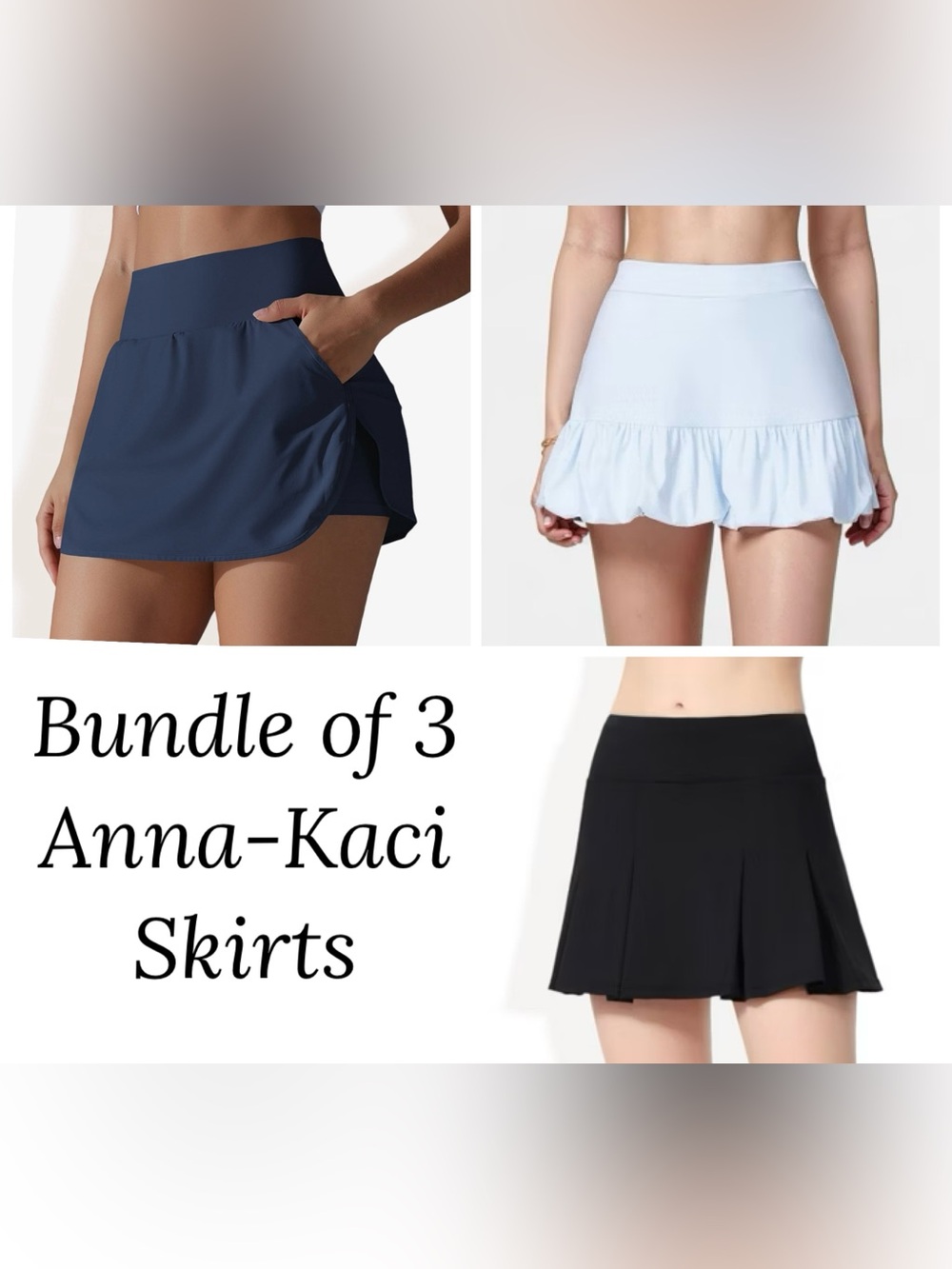 NWT Anna-Kaci Bundle of 3 Athletic Skirts in Black, Navy and Light Blue